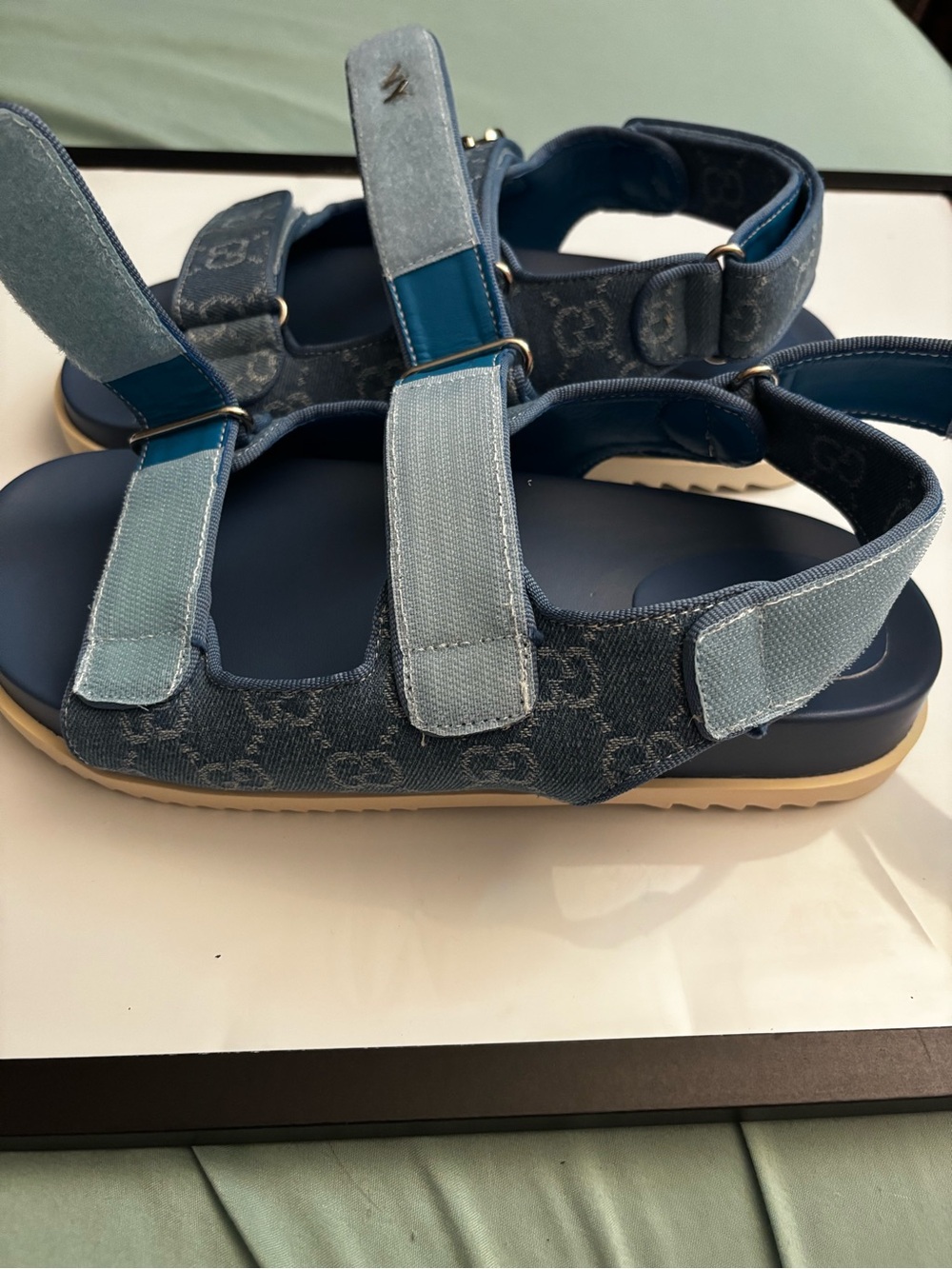 Brand New !! Denim GG Logo Double-Strap Sandals - Blue - Picture 6 of 7